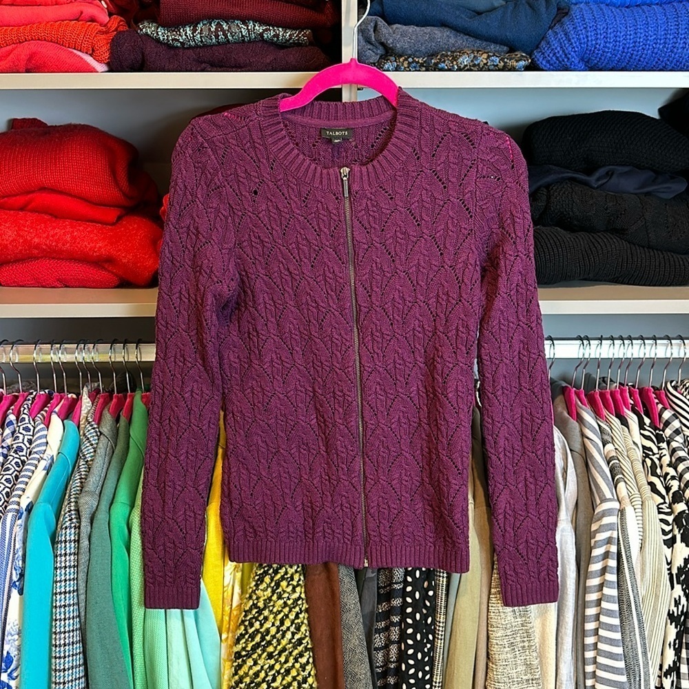 Talbots purple long sleeve front zip cardigan size XS